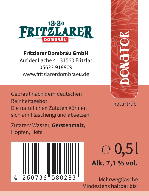 Rückenetikett Fritzlarer Donator mit Zutaten, Alkoholgehalt und EAN-Code