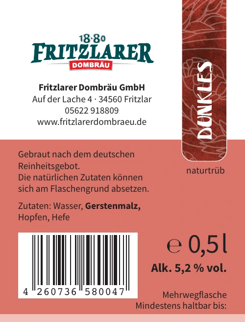 Rückenetikett Fritzlarer Dunkles mit Zutaten, Alkoholgehalt und EAN-Code
