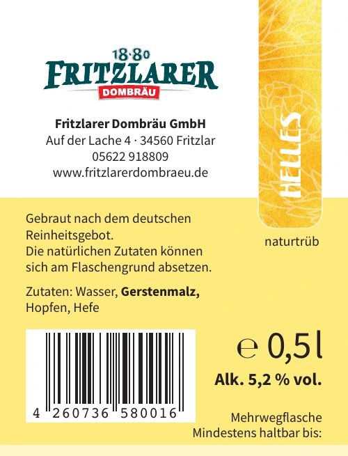 Rückenetikett Fritzlarer Helles mit Zutaten, Alkoholgehalt und EAN-Code