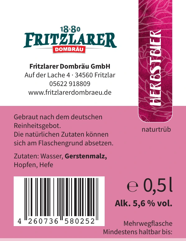 Rückenetikett Fritzlarer Herbstbier mit Zutaten, Alkoholgehalt und EAN-Code