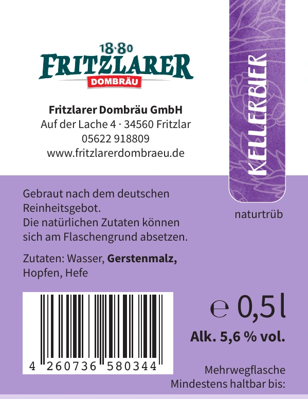 Rückenetikett Fritzlarer Kellerbier mit Zutaten, Alkoholgehalt und EAN-Code