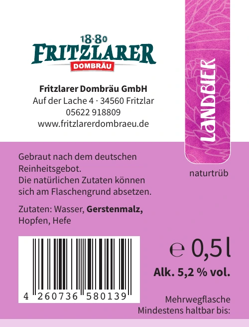 Rückenetikett Fritzlarer Landbier mit Zutaten, Alkoholgehalt und EAN-Code