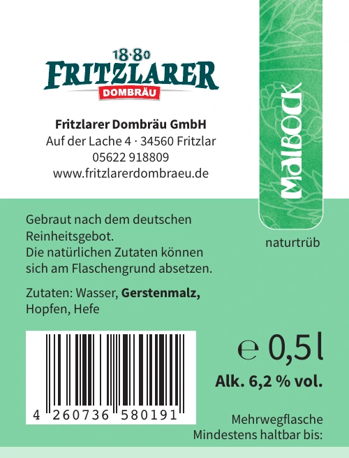 Rückenetikett Fritzlarer Maibock mit Zutaten, Alkoholgehalt und EAN-Code