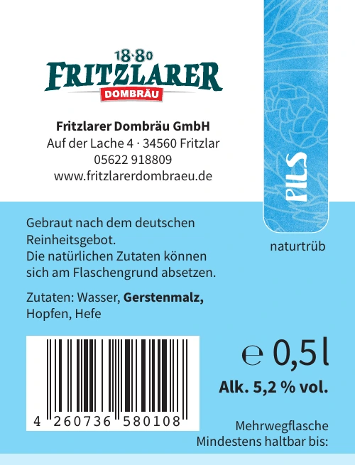 Rückenetikett Fritzlarer Pils mit Zutaten, Alkoholgehalt und EAN-Code