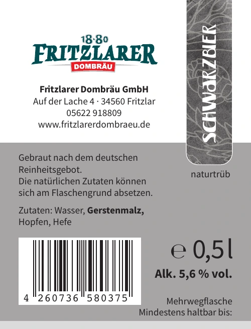 Rückenetikett Fritzlarer Schwarzbier mit Zutaten, Alkoholgehalt und EAN-Code