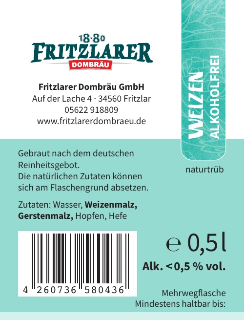 Rückenetikett Fritzlarer Weizen alkoholfrei mit Zutaten, Alkoholgehalt und EAN-Code