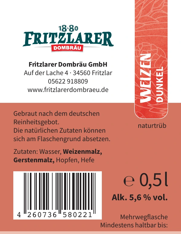 Rückenetikett Fritzlarer Weizen Dunkel mit Zutaten, Alkoholgehalt und EAN-Code