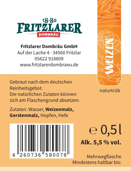 Rückenetikett Fritzlarer Weizen mit Zutaten, Alkoholgehalt und EAN-Code