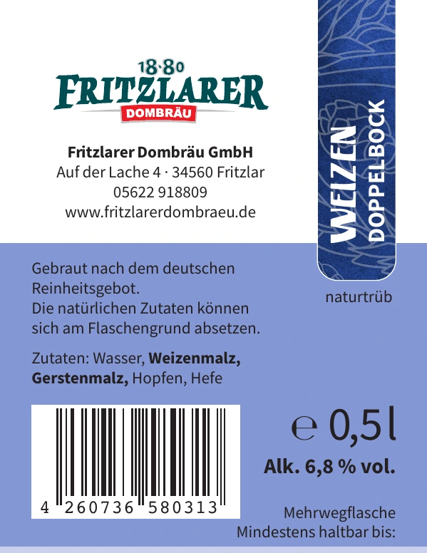 Rückenetikett Fritzlarer Weizendoppelbock mit Zutaten, Alkoholgehalt und EAN-Code